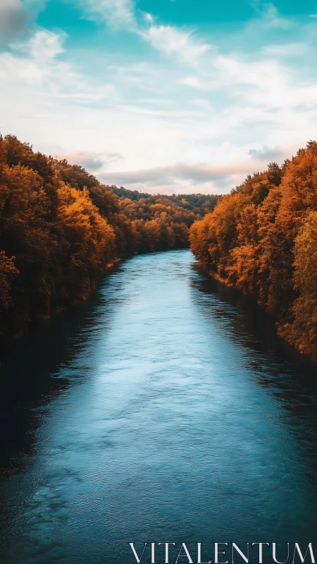 Calm blue river winding through glowing autumn forest valley.