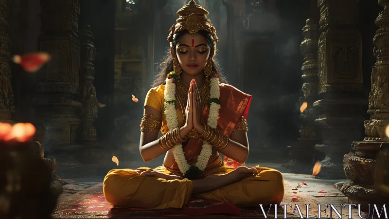 Serene temple meditation with graceful woman in warm light.