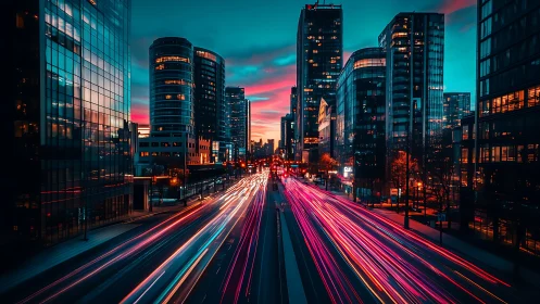 Neon rivers of traffic carve light through twilight towers