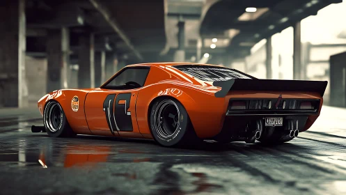 Orange race-modified classic car in indoor parking structure.