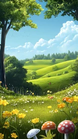 Sunlit wildflower meadow leads into rolling green valleys