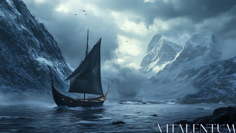 Viking longship in icy fjord beneath overcast mountain sky.