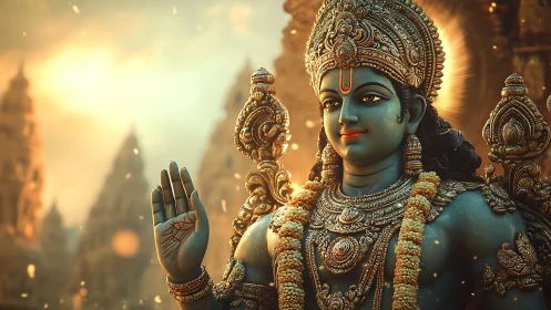 Divine blue deity in ornate temple glow at golden dusk.
