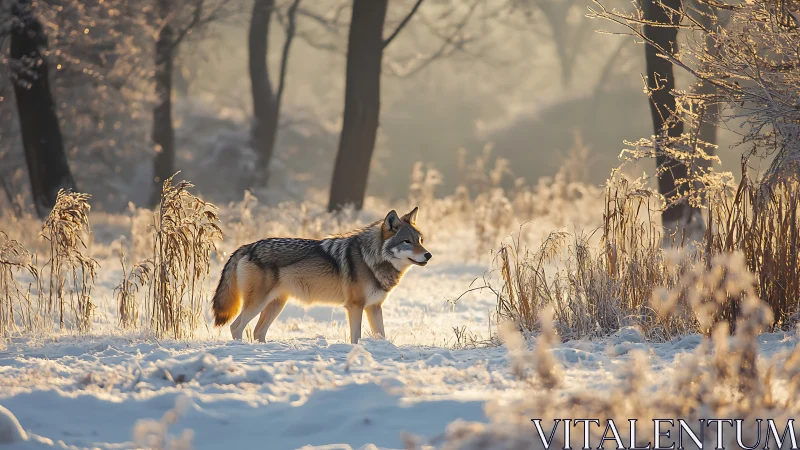 Lone wolf in backlit winter meadow with shallow depth of field