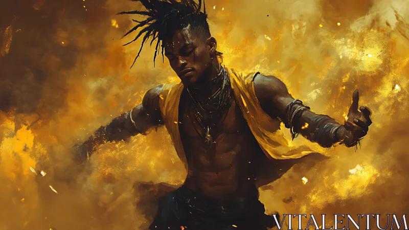 Fireborn dancer strides through molten storm of embers.