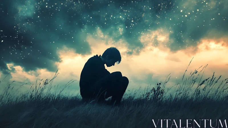 Quiet soul resting under a dreamy, star lit twilight sky.