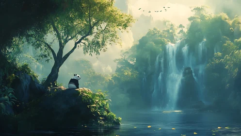 Digital painting of panda in luminous waterfall sanctuary.