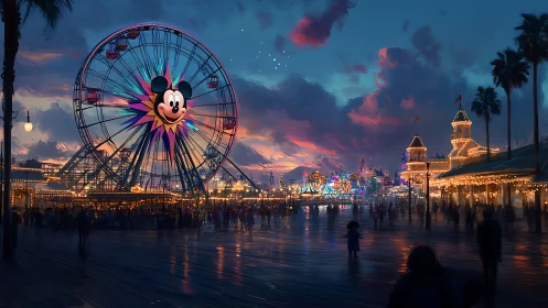Ferris wheel glows over a twilight-lit seaside amusement park.