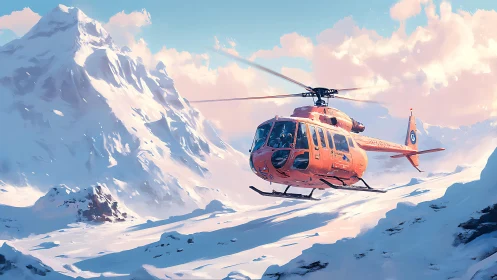 Bright rescue helicopter glides across peaceful snowy peaks