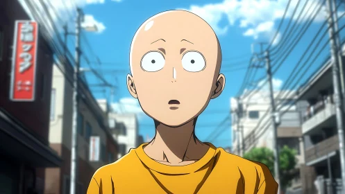 Bald anime protagonist in deep focus against urban street backdrop