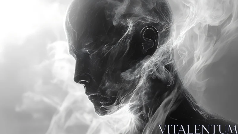 Silhouetted smokelike head dissolving into ethereal haze.