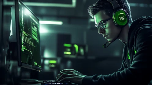 Focused night gamer immersed in neon green glow at PC.