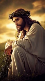 Gentle robed figure resting in golden evening light.