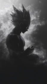 Brooding spiky‑haired warrior silhouetted in swirling smoke.