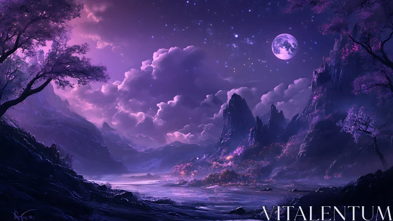 Violet moonlit fantasy valley with glowing river and peaks.