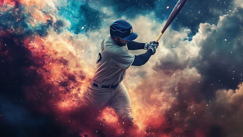 Baseball batter swings through cosmic clouds of color.
