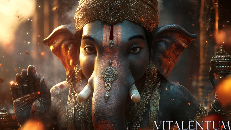 Divine Ganesha idol amid glowing embers and temple haze.