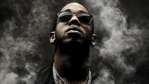 Moody hip-hop portrait in fumes with hard dramatic lighting.