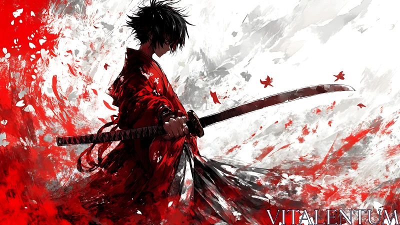 Dynamic samurai silhouette cuts through abstract blood-red storm