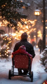 Parent pushing child in wagon through snowy city lights.