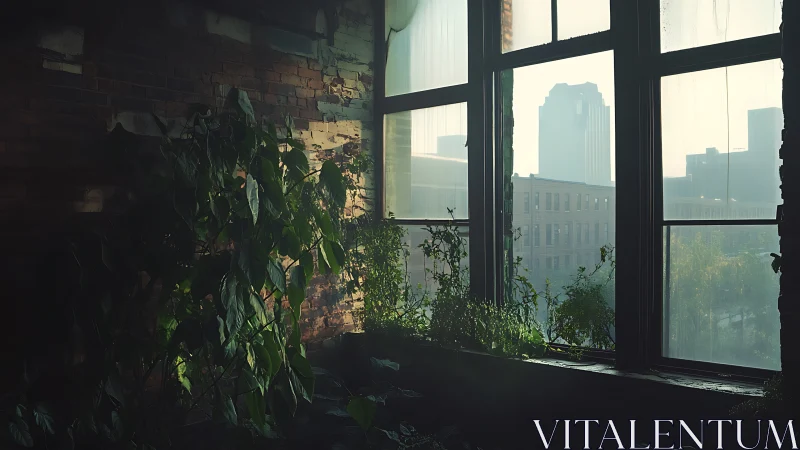 Urban jungle window where soft morning haze crowns ruins.