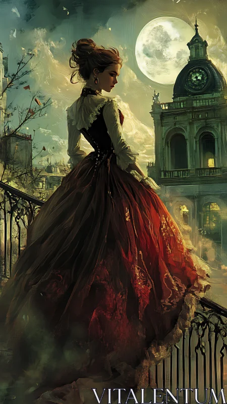 Victorian lady on misty balcony under full moonlit sky.
