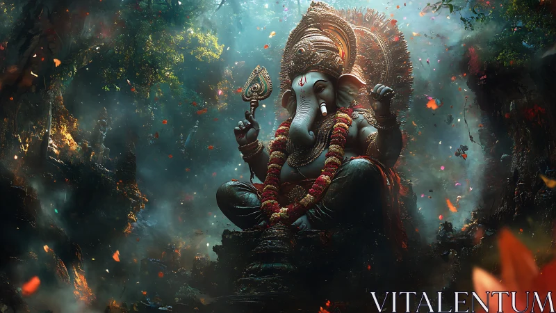 Divine Ganesha idol in lush mystical forest lightscape.