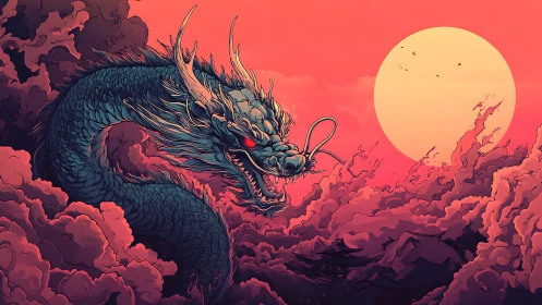 Chromatic storm-dragon coiled against saturated solar horizon.