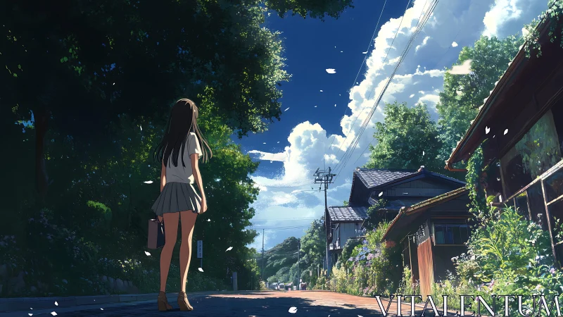 Backlit schoolgirl studies rural street perspective under cumulus sky