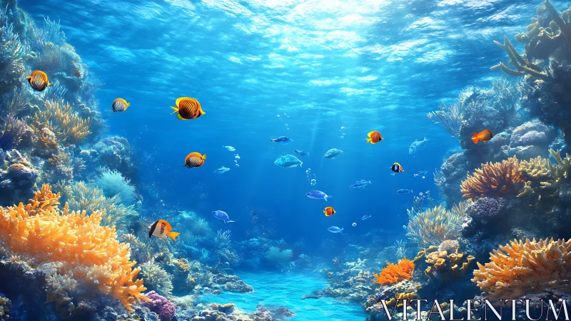 Colorful coral reef teeming with playful tropical fish life.