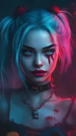 Neon punk femme stares through teal and crimson haze.