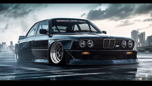 Modified BMW coupe sits low on wet rooftop parking deck