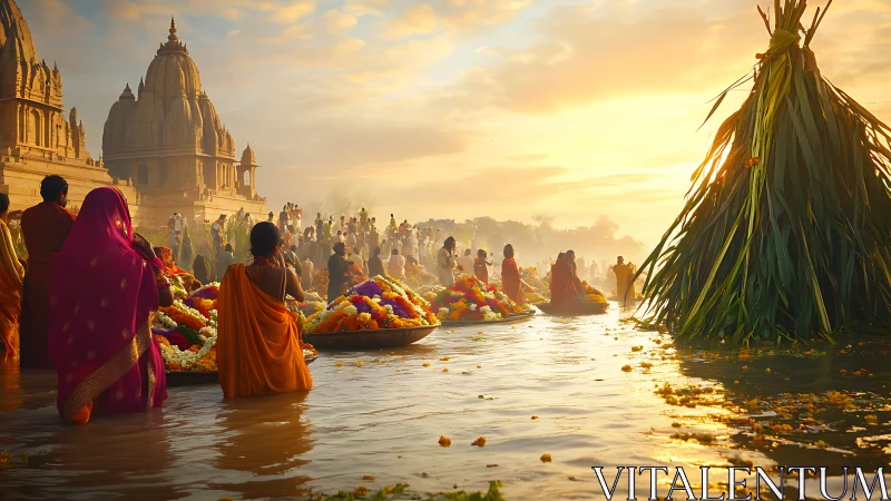 Sun-drenched river ritual braids temples, flowers, and flame