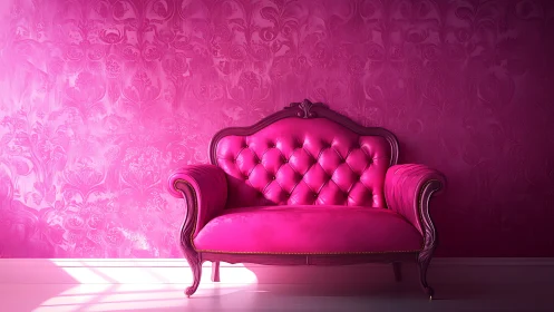 Pink tufted sofa against ornate monochrome wall background.