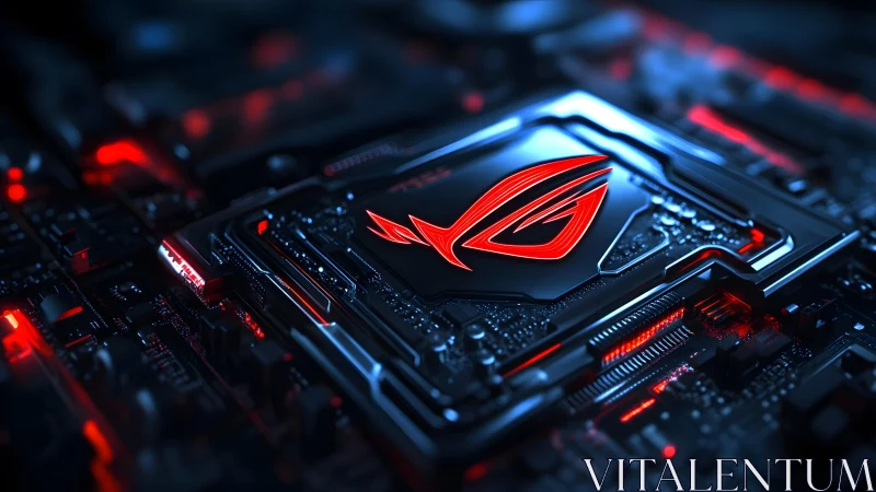 Futuristic Gaming Motherboard Closeup with Neon Red ROG Logo.