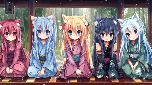 Five anime catgirl characters kneel in kimonos on wooden porch