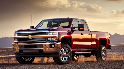 Lifted red pickup truck on desert plain at sunset.