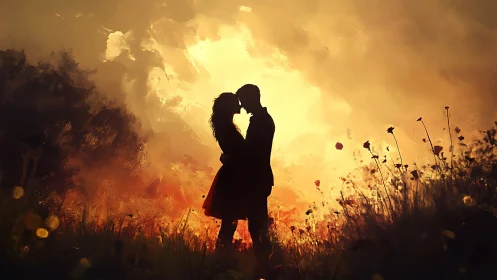 Silhouetted couple kissing in golden sunset field with flowers