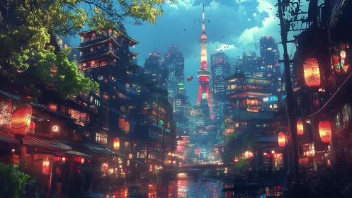 Neon soaked Tokyo alley blends lantern warmth with steel towers