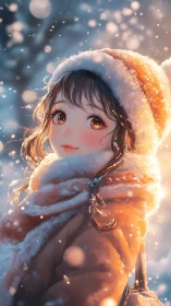 Winter portrait of girl in snow with warm side lighting.
