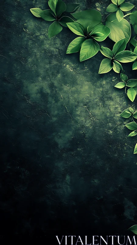 Lush green foliage accents a dark textured stone background