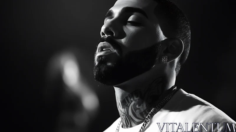 Black and white close-up of tattooed man with beard profile.
