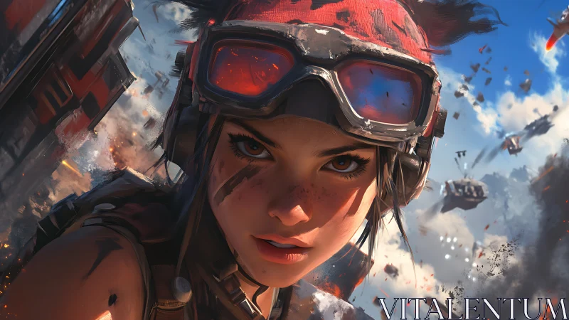 Fearless sky pilot girl ready for adventure and battle.