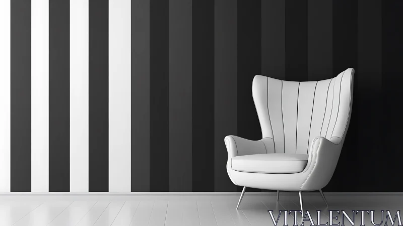 White modern lounge chair against striped monochrome wall.