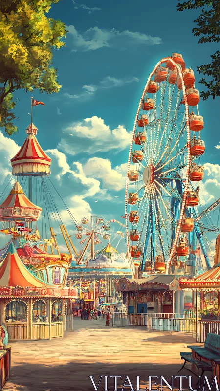 Ferris wheel and boardwalk carnival under luminous sky.