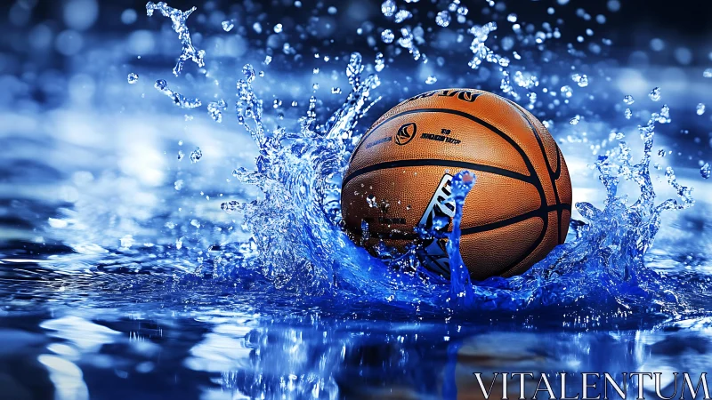 Vibrant basketball crashes into water in a dynamic splash