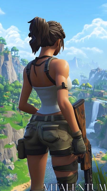 Third‑person stylized game character overlooking low‑poly valley