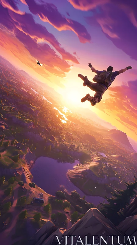 Skydiver above stylized landscape at sunset, tilted view.