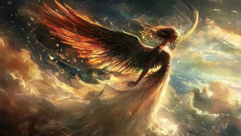 Winged female figure above clouds in directional lightscape.