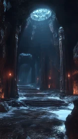 Ancient ice cavern hall with blue shafted skylight.